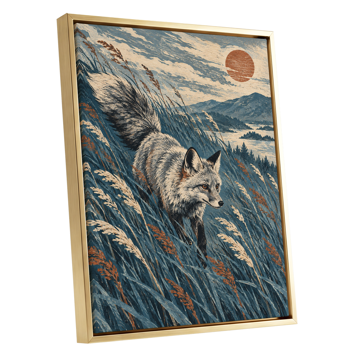 Fox Beneath an Amber Sun, blue, beige, gray nature wall art shown as a gold framed canvas wall art
