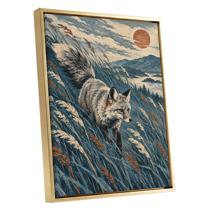 Fox Beneath an Amber Sun, blue, beige, gray nature wall art shown as a gold framed canvas wall art