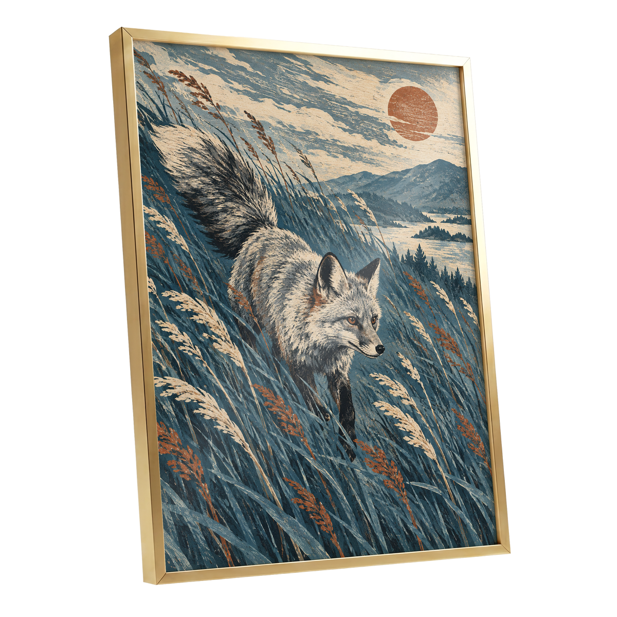 Fox Beneath an Amber Sun, blue, beige, gray nature wall art shown as a gold framed poster wall art print