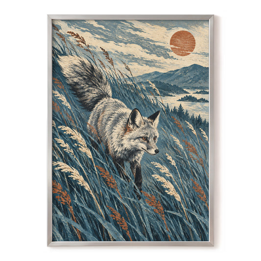 Fox Beneath an Amber Sun, blue, beige, gray nature wall art, front artwork view