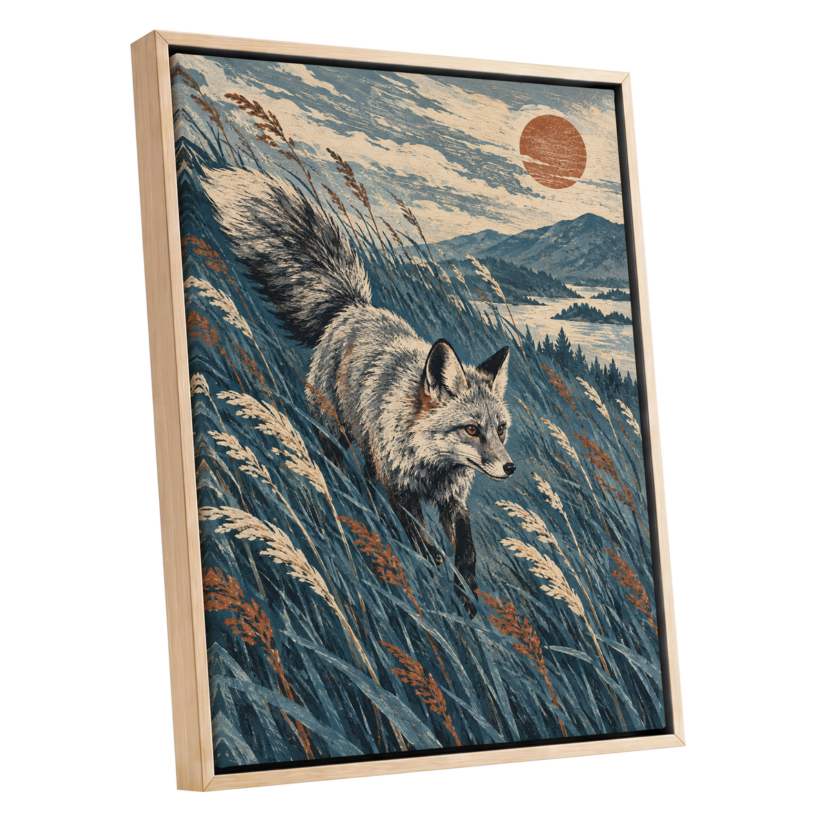 Fox Beneath an Amber Sun, blue, beige, gray nature wall art shown as a oak framed canvas wall art