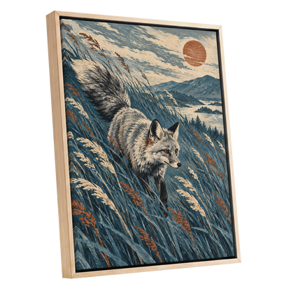 Fox Beneath an Amber Sun, blue, beige, gray nature wall art shown as a oak framed canvas wall art