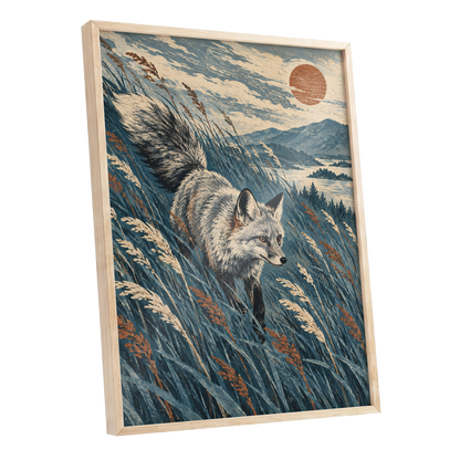 Fox Beneath an Amber Sun, blue, beige, gray nature wall art shown as a oak framed poster wall art print