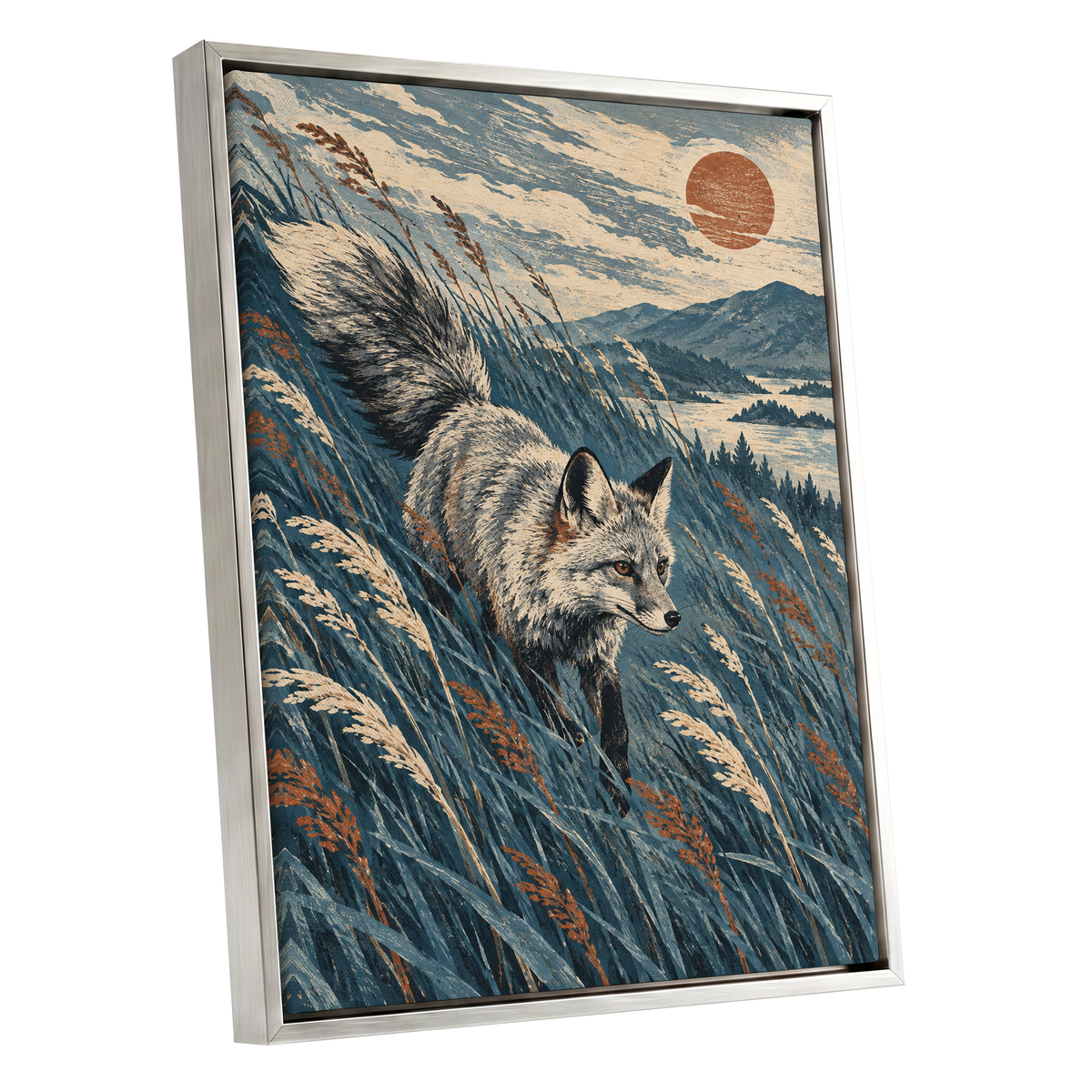 Fox Beneath an Amber Sun, blue, beige, gray nature wall art shown as a silver framed canvas wall art