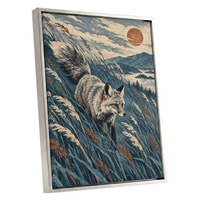 Fox Beneath an Amber Sun, blue, beige, gray nature wall art shown as a silver framed canvas wall art