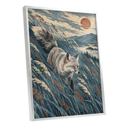 Fox Beneath an Amber Sun, blue, beige, gray nature wall art shown as a silver framed poster wall art print