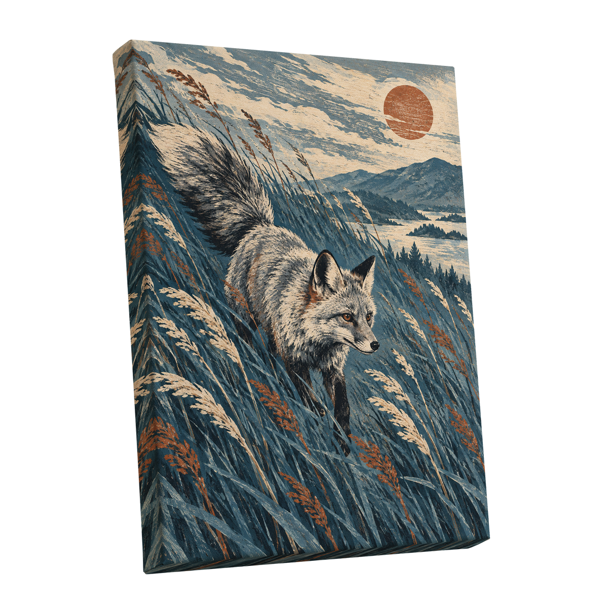 Fox Beneath an Amber Sun, blue, beige, gray nature wall art shown as a stretched canvas wall art