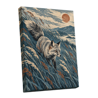 Fox Beneath an Amber Sun, blue, beige, gray nature wall art shown as a stretched canvas wall art