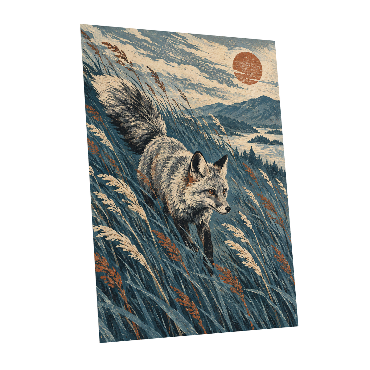 Fox Beneath an Amber Sun, blue, beige, gray nature wall art shown as a unframed poster wall art print