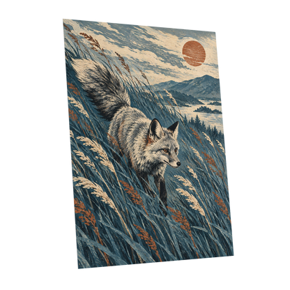 Fox Beneath an Amber Sun, blue, beige, gray nature wall art shown as a unframed poster wall art print
