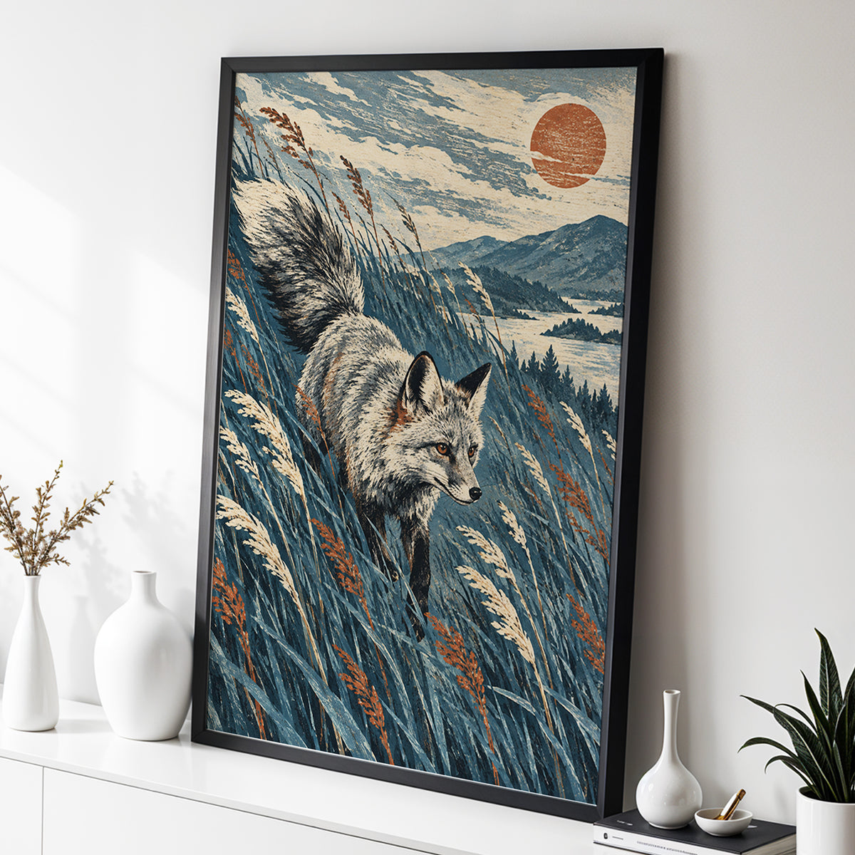 Fox Beneath an Amber Sun, blue, beige, gray nature wall art displayed in a styled interior, gallery view 2