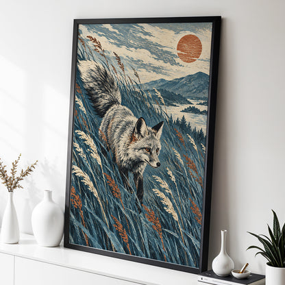 Fox Beneath an Amber Sun, blue, beige, gray nature wall art displayed in a styled interior, gallery view 2