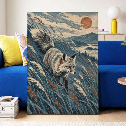 Fox Beneath an Amber Sun, blue, beige, gray nature wall art displayed in a styled interior, gallery view 3