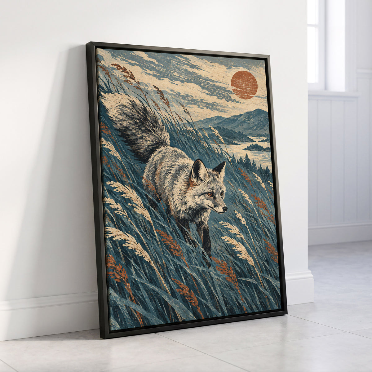 Fox Beneath an Amber Sun, blue, beige, gray nature wall art displayed in a styled interior, gallery view 4