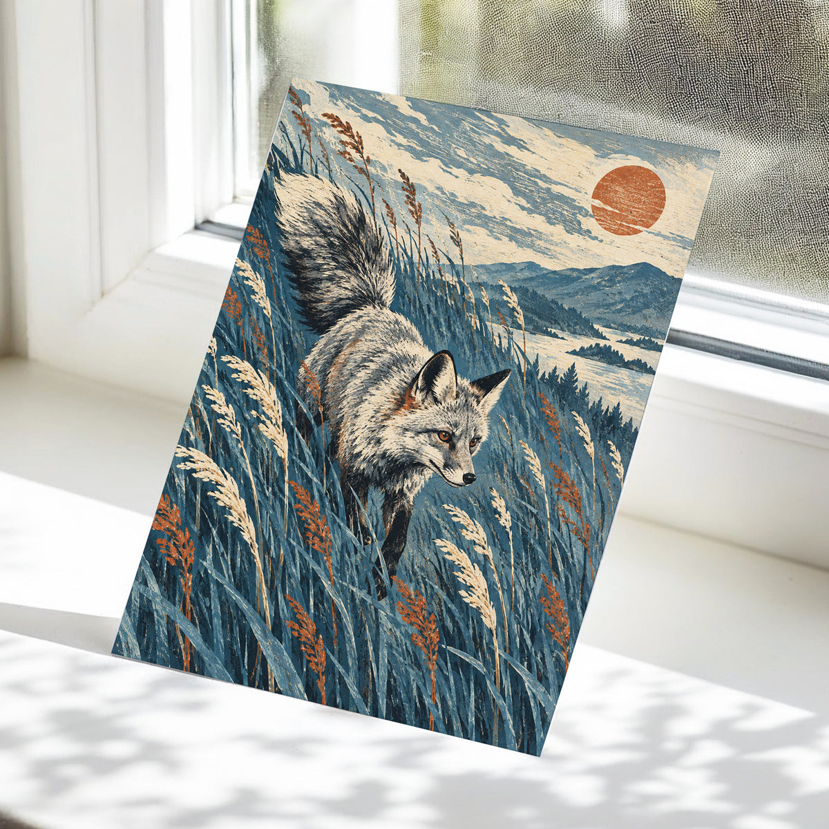 Fox Beneath an Amber Sun, blue, beige, gray nature wall art displayed in a styled interior, gallery view 5