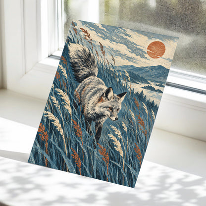 Fox Beneath an Amber Sun, blue, beige, gray nature wall art displayed in a styled interior, gallery view 5