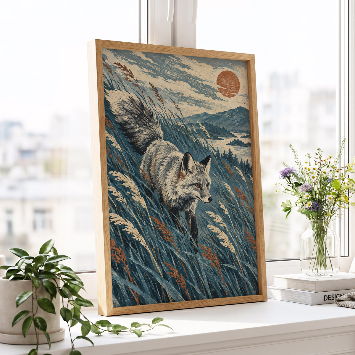 Fox Beneath an Amber Sun, blue, beige, gray nature wall art displayed in a styled interior, gallery view 6