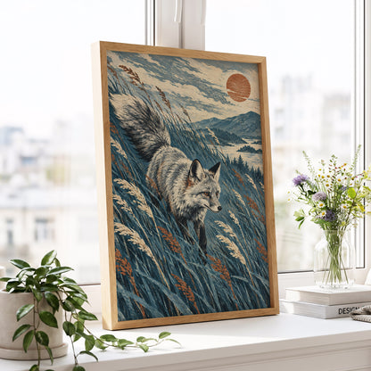 Fox Beneath an Amber Sun, blue, beige, gray nature wall art displayed in a styled interior, gallery view 6