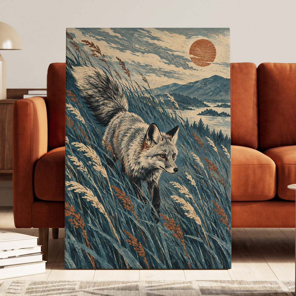 Fox Beneath an Amber Sun, blue, beige, gray nature wall art displayed in a styled interior, gallery view 7