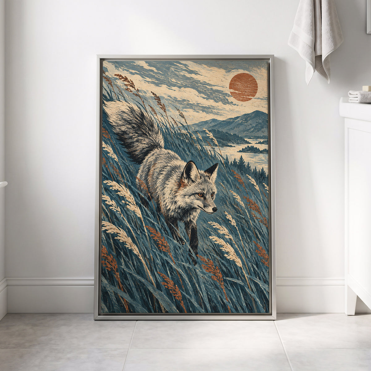 Fox Beneath an Amber Sun, blue, beige, gray nature wall art displayed in a styled interior, gallery view 8
