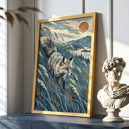 Fox Beneath an Amber Sun, blue, beige, gray nature wall art displayed in a styled interior, gallery view 9
