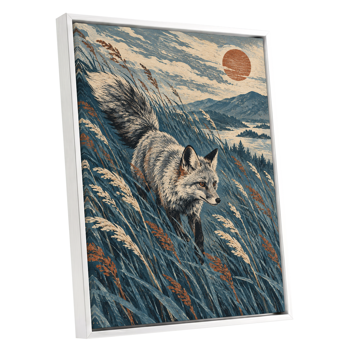 Fox Beneath an Amber Sun, blue, beige, gray nature wall art shown as a white framed canvas wall art
