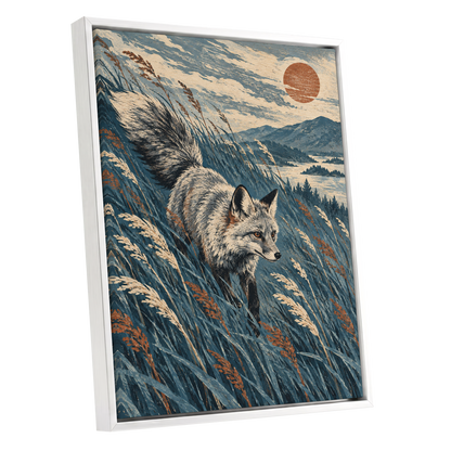 Fox Beneath an Amber Sun, blue, beige, gray nature wall art shown as a white framed canvas wall art