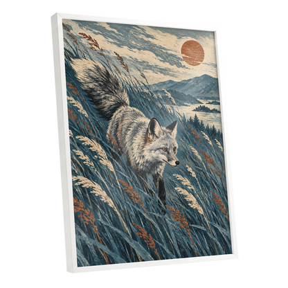 Fox Beneath an Amber Sun, blue, beige, gray nature wall art shown as a white framed poster wall art print