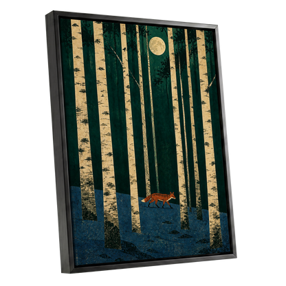 Fox Beneath the Birch Moon, green, beige, blue nature wall art shown as a black framed canvas wall art