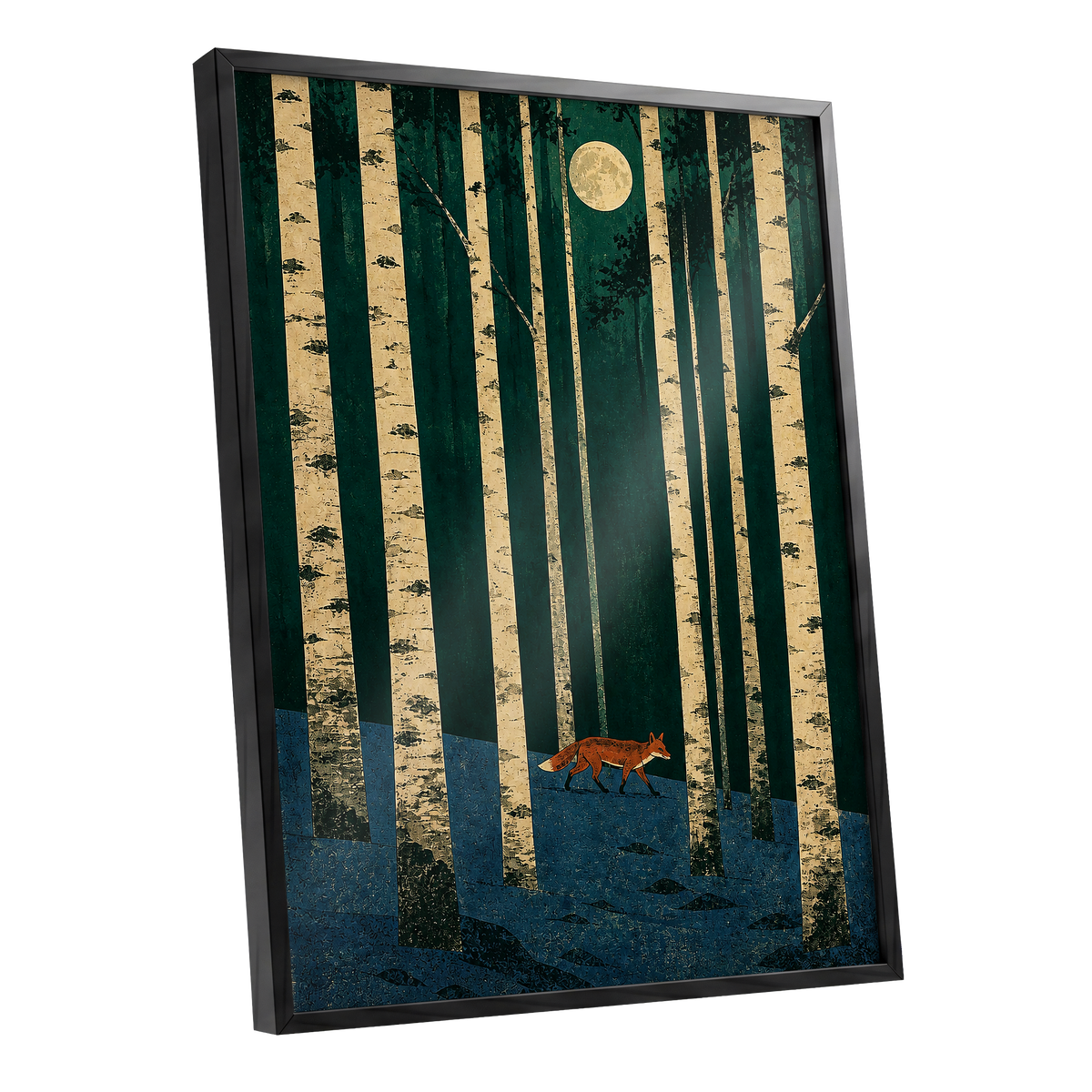 Fox Beneath the Birch Moon, green, beige, blue nature wall art shown as a black framed poster wall art print