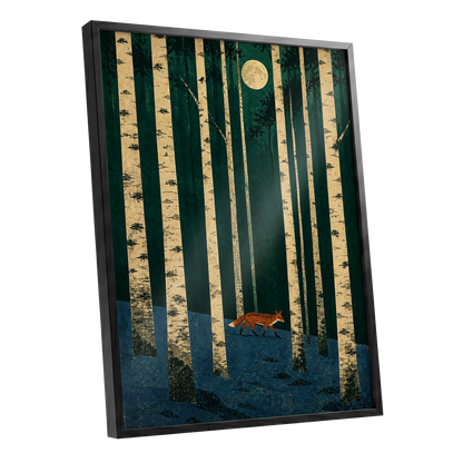 Fox Beneath the Birch Moon, green, beige, blue nature wall art shown as a black framed poster wall art print