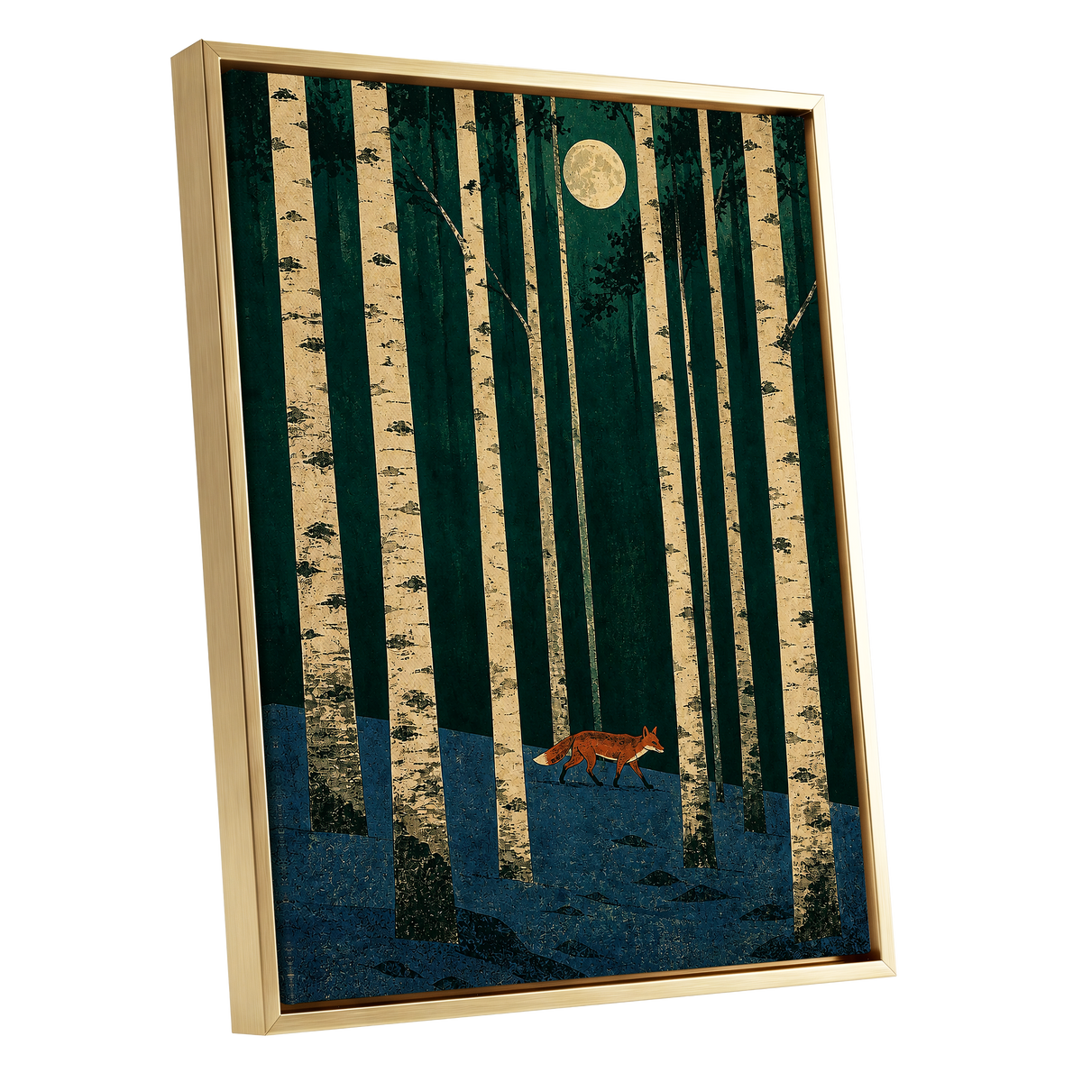 Fox Beneath the Birch Moon, green, beige, blue nature wall art shown as a gold framed canvas wall art