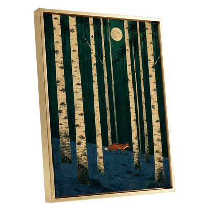Fox Beneath the Birch Moon, green, beige, blue nature wall art shown as a gold framed canvas wall art
