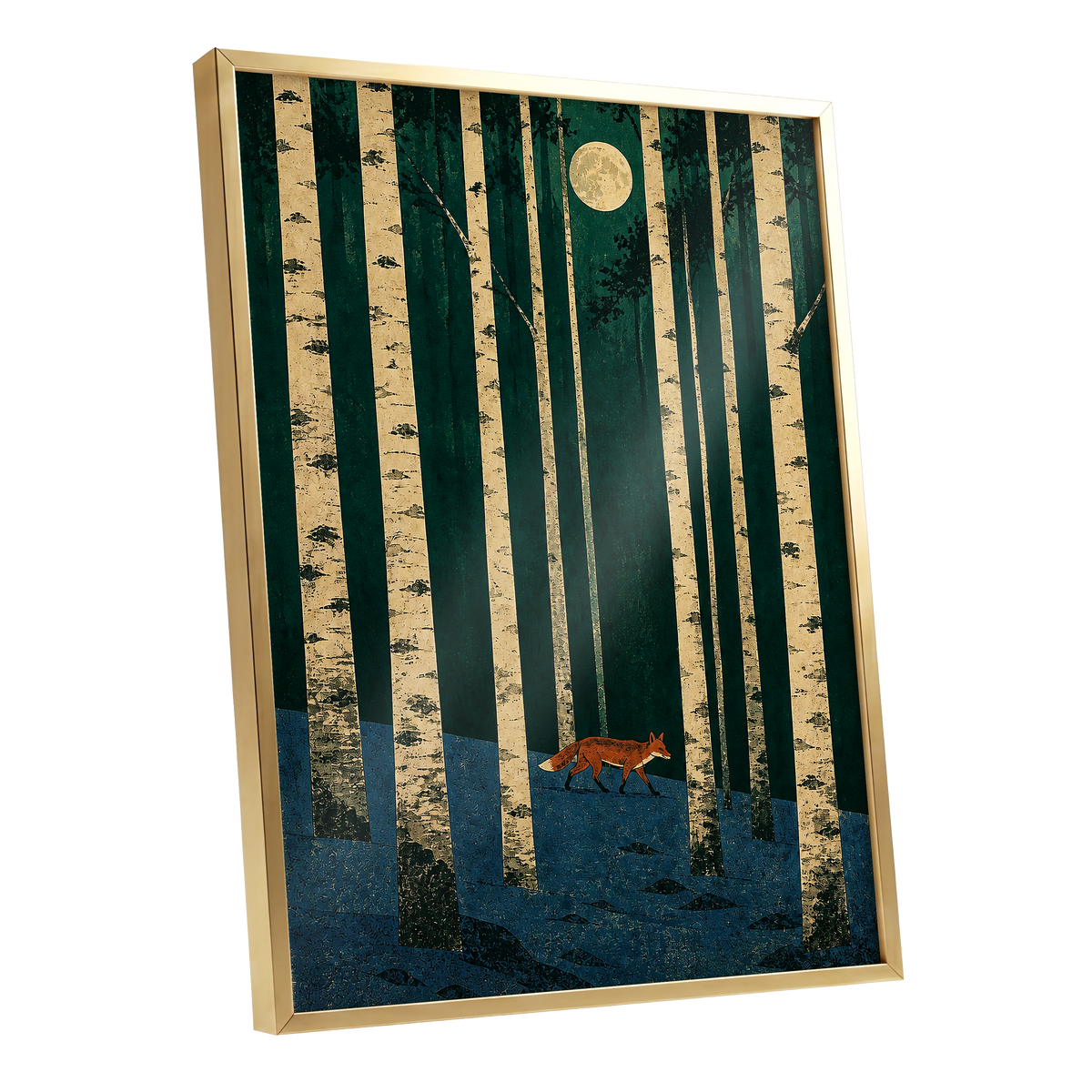 Fox Beneath the Birch Moon, green, beige, blue nature wall art shown as a gold framed poster wall art print