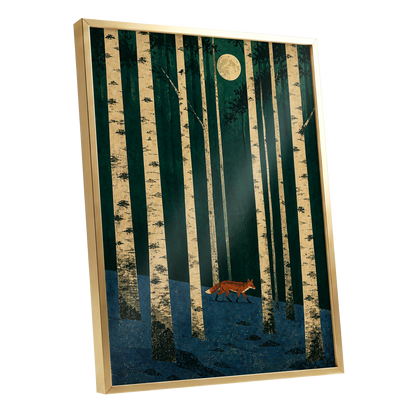 Fox Beneath the Birch Moon, green, beige, blue nature wall art shown as a gold framed poster wall art print