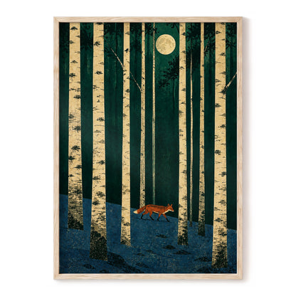 Fox Beneath the Birch Moon, green, beige, blue nature wall art, front artwork view