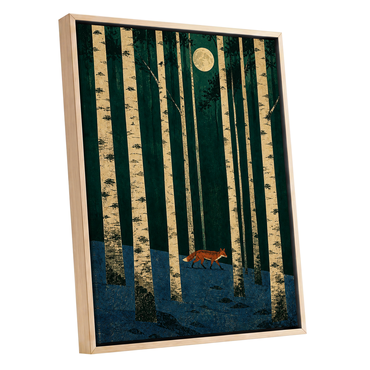 Fox Beneath the Birch Moon, green, beige, blue nature wall art shown as a oak framed canvas wall art