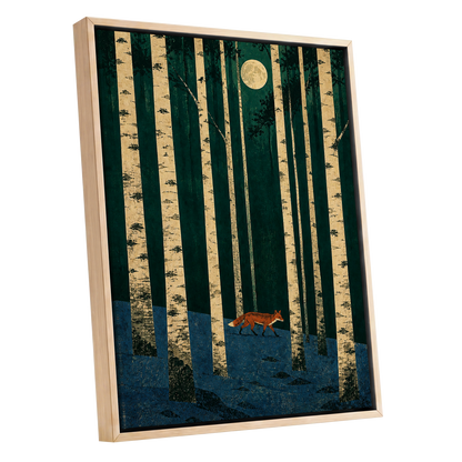 Fox Beneath the Birch Moon, green, beige, blue nature wall art shown as a oak framed canvas wall art