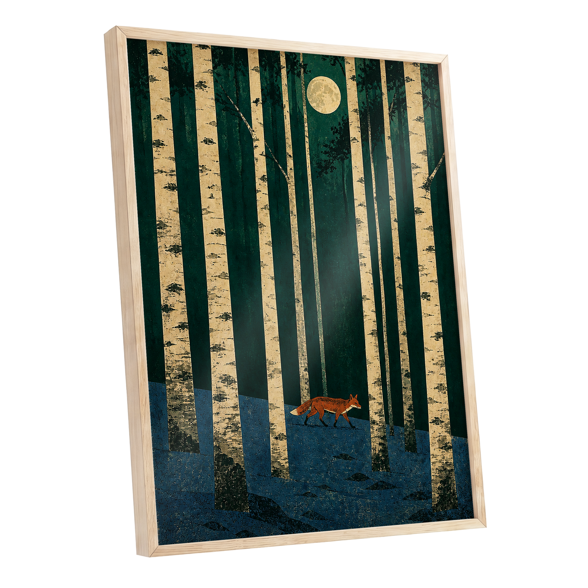 Fox Beneath the Birch Moon, green, beige, blue nature wall art shown as a oak framed poster wall art print