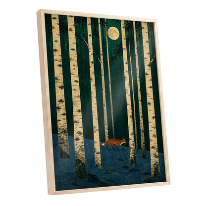 Fox Beneath the Birch Moon, green, beige, blue nature wall art shown as a oak framed poster wall art print