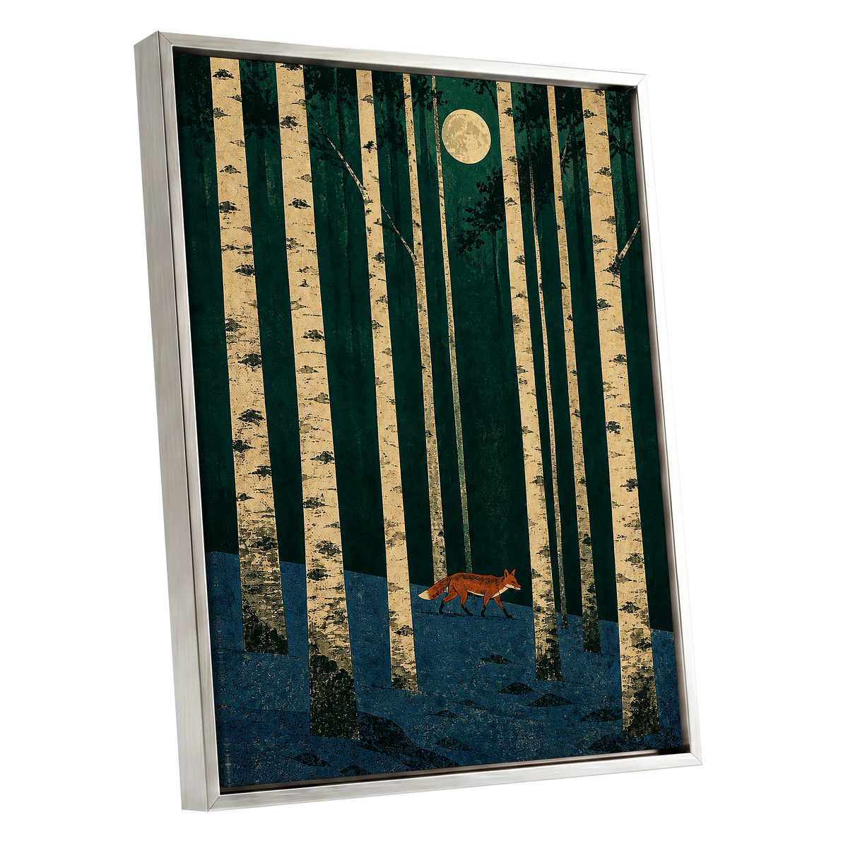 Fox Beneath the Birch Moon, green, beige, blue nature wall art shown as a silver framed canvas wall art