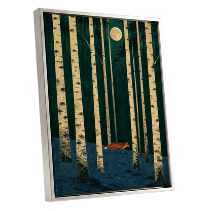 Fox Beneath the Birch Moon, green, beige, blue nature wall art shown as a silver framed canvas wall art