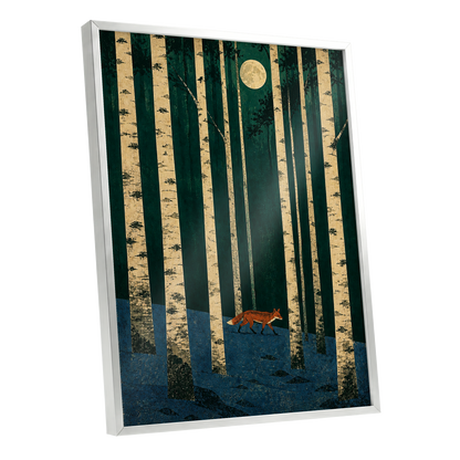 Fox Beneath the Birch Moon, green, beige, blue nature wall art shown as a silver framed poster wall art print