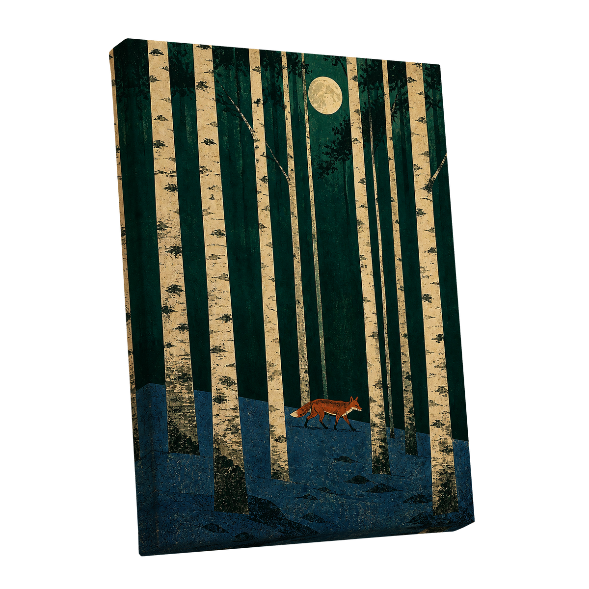 Fox Beneath the Birch Moon, green, beige, blue nature wall art shown as a stretched canvas wall art