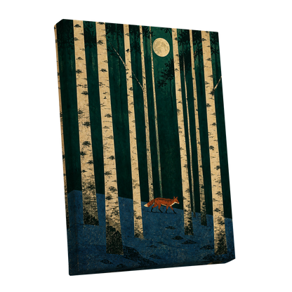 Fox Beneath the Birch Moon, green, beige, blue nature wall art shown as a stretched canvas wall art