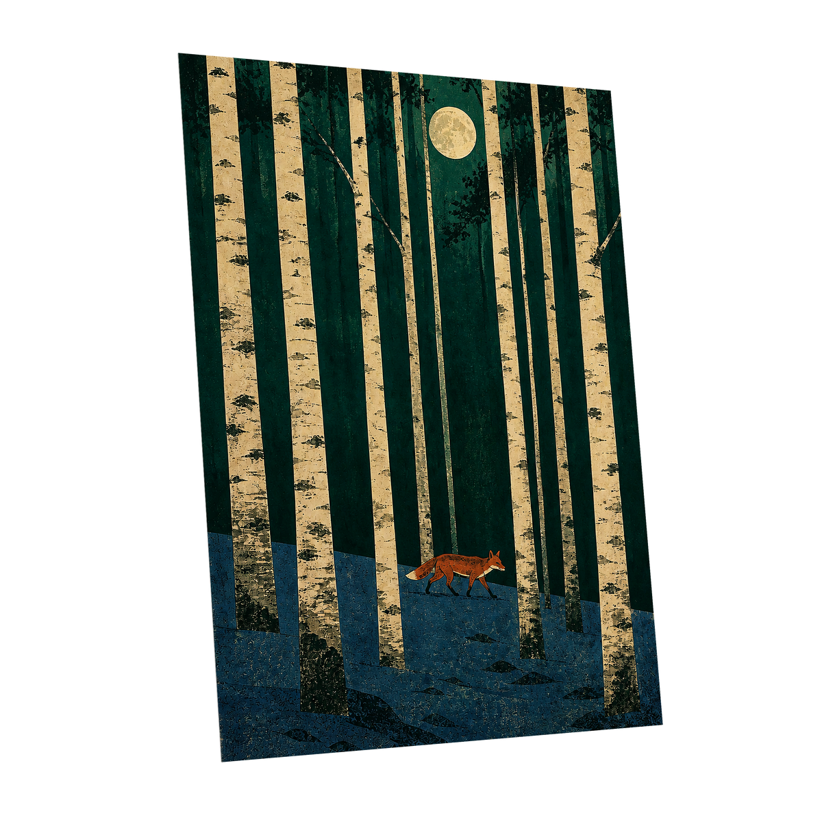 Fox Beneath the Birch Moon, green, beige, blue nature wall art shown as a unframed poster wall art print