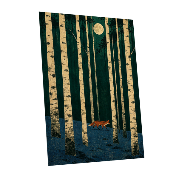 Fox Beneath the Birch Moon, green, beige, blue nature wall art shown as a unframed poster wall art print