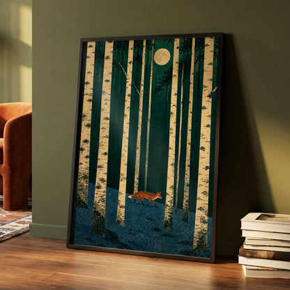 Fox Beneath the Birch Moon, green, beige, blue nature wall art displayed in a styled interior, gallery view 2