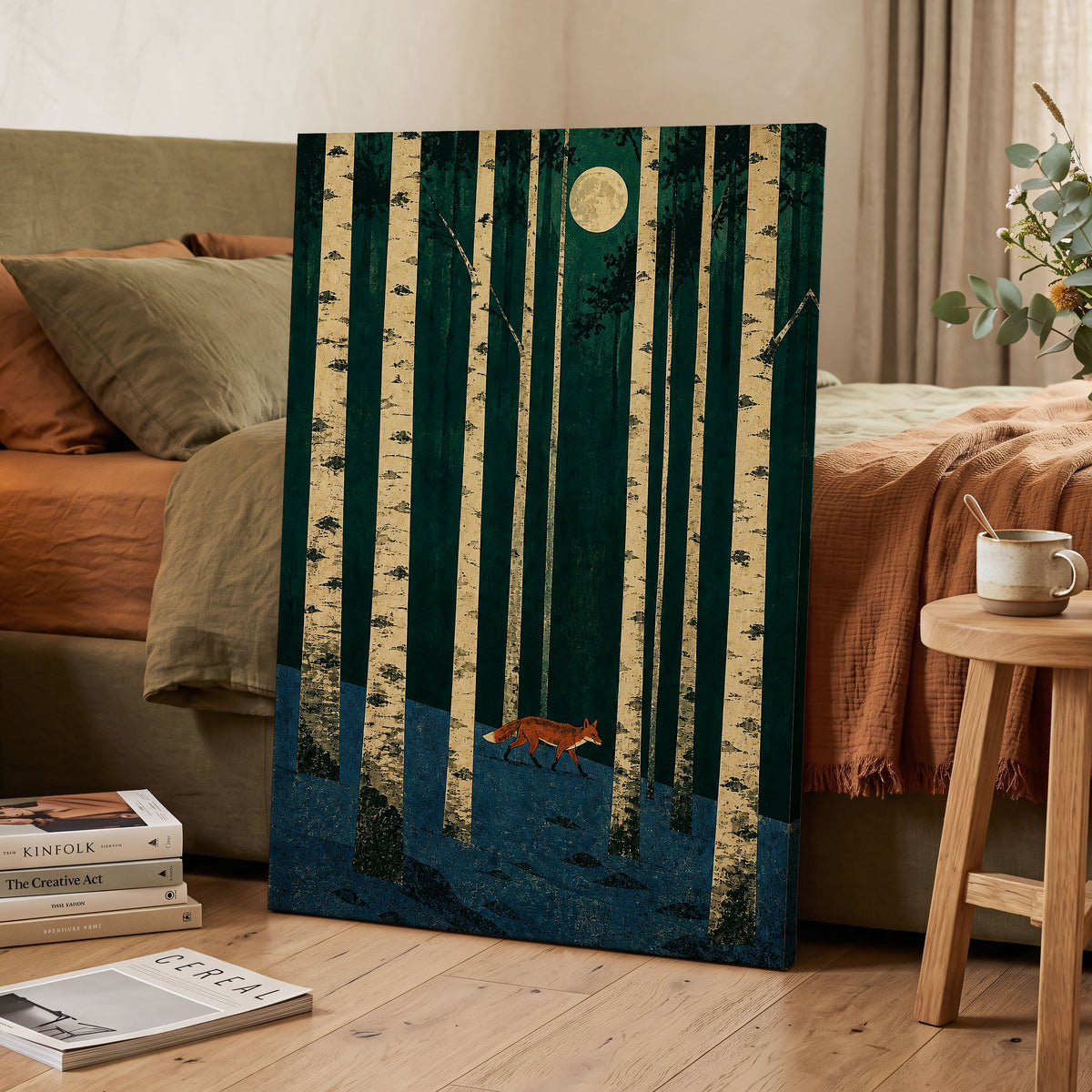Fox Beneath the Birch Moon, green, beige, blue nature wall art displayed in a styled interior, gallery view 3