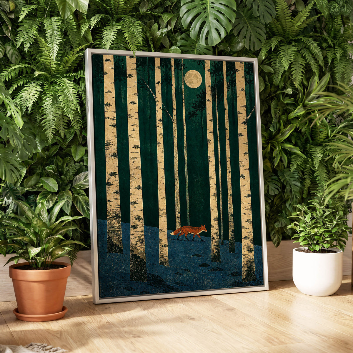 Fox Beneath the Birch Moon, green, beige, blue nature wall art displayed in a styled interior, gallery view 4